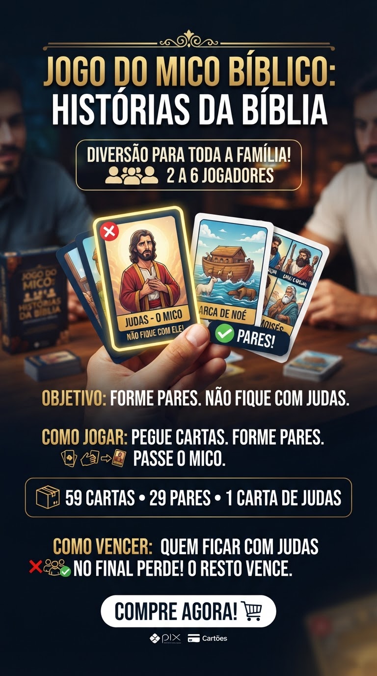Jogo do Mico Bíblico: cartas ilustradas com Judas, o mico, e pares como a Arca de Noé